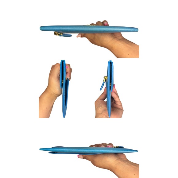 Authentic Vintage Prada Saffiano Wave Blue Leather Long Flap Wallet Celeste Voya - Picture 7 of 8